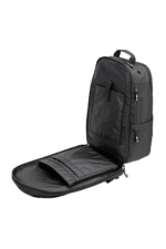 Black racing backpack with multiple compartments, ideal for motorsport enthusiasts and racewear storage.