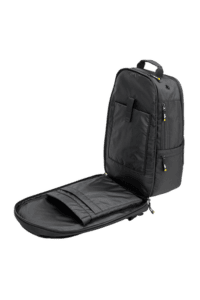 Black racing backpack with multiple compartments, ideal for motorsport enthusiasts and racewear storage.