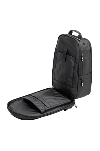 Black racing backpack with multiple compartments, ideal for motorsport enthusiasts and racewear storage.