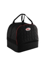 Black Bell racing gear bag with red accents, designed for motorsport enthusiasts and racers, featuring durable material and multiple compartments.
