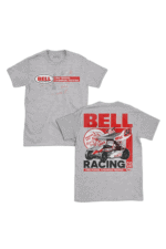 Grey Grand Prix Racewear T-shirt featuring Bell Racing logo and vintage race car graphic, ideal for motorsport enthusiasts and racing fans.