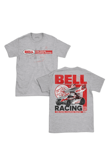 Grey Grand Prix Racewear T-shirt featuring Bell Racing logo and vintage race car graphic, ideal for motorsport enthusiasts and racing fans.
