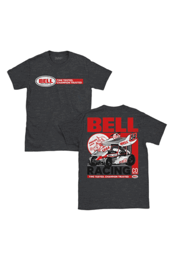 Bell Racing T-shirt featuring vintage racing car graphic and logo, ideal for motorsport fans and racewear enthusiasts.