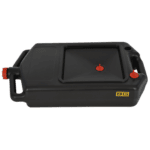 Black racing fuel container with red caps, designed for motorsport use, featuring a sturdy handle and compact shape.