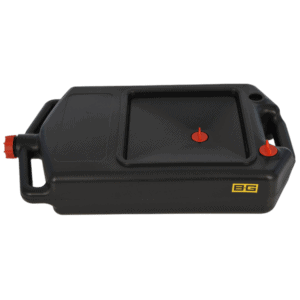 Black racing fuel container with red caps, designed for motorsport use, featuring a sturdy handle and compact shape.