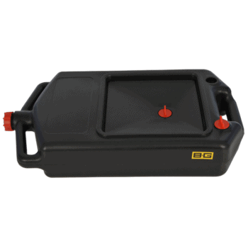 Black racing fuel container with red caps, designed for motorsport use, featuring a sturdy handle and compact shape.