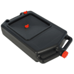Black racing fuel container with red caps, used for motorsport refueling at Grand Prix events.