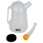 White plastic water bottle with a black cap and a flexible tube, used for hydration during racing events.