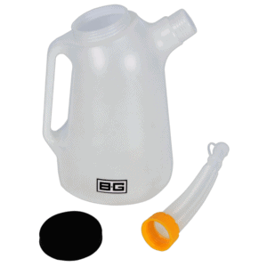 White plastic water bottle with a black cap and a flexible tube, used for hydration during racing events.