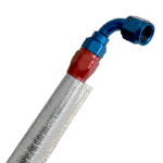 Grand Prix Racewear aluminium and fibre glass heat shield sleeve with blue and red fittings for racing applications.