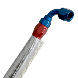 Grand Prix Racewear aluminium and fibre glass heat shield sleeve with blue and red fittings for racing applications.