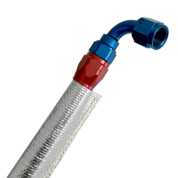 Grand Prix Racewear aluminium and fibre glass heat shield sleeve with blue and red fittings for racing applications.