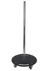 Black and silver racing trolley with a round base and four wheels, used for transporting racing gear and equipment.