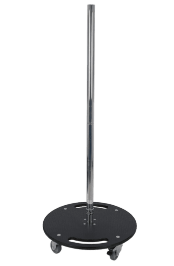 Black and silver racing trolley with a round base and four wheels, used for transporting racing gear and equipment.