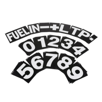 Fuelin LTP racing number decals with bold white numbers on black background for motorsport vehicles.