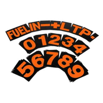 Fuel gauge with orange numbers from 0 to 9 and the words 'FUELIN-LTPI' at the top in black and orange.