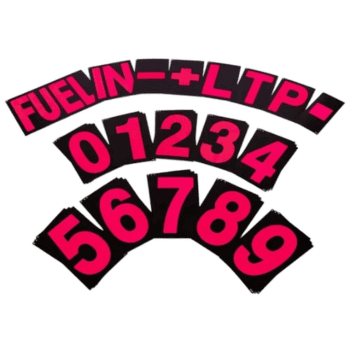 Fuel-in plus LTP racing decal with bold pink and black design, featuring numbers 0-9 and the Fuel-in logo for motorsport branding.