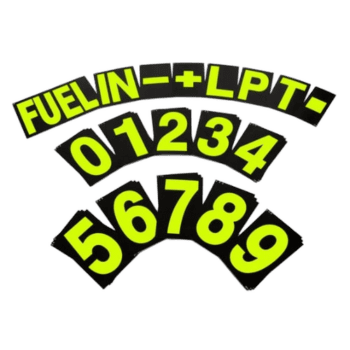 Racing fuel gauge with yellow and black numbers and labels for fuel, oil, and temperature levels.