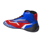 Grand Prix Racewear racing shoe in red, blue, black, and white with high ankle support and grip sole for motorsport safety.