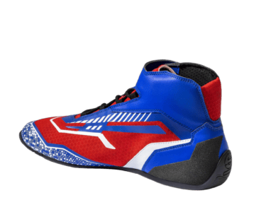 Grand Prix Racewear racing shoe in red, blue, black, and white with high ankle support and grip sole for motorsport safety.