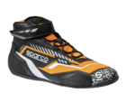 Sparco racing shoe designed for Grand Prix racewear with black, orange, and white accents, featuring a high-top design and secure fastening system.