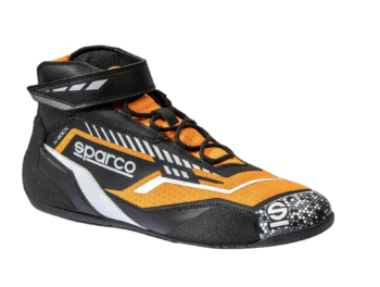 Sparco racing shoe designed for Grand Prix racewear with black, orange, and white accents, featuring a high-top design and secure fastening system.
