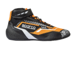Sparco racing shoe in black, orange, and white with Velcro strap and racing sole, designed for motorsport safety and performance.