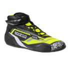 Sparco racing shoe with black, yellow, and white design, featuring Velcro strap and lacing system for motorsport safety and performance.