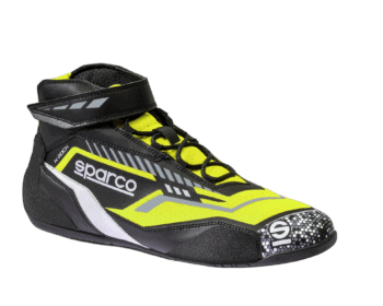 Sparco racing shoe with black, yellow, and white design, featuring Velcro strap and lacing system for motorsport safety and performance.