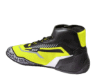 High-performance Grand Prix racing shoe with black, yellow, and white design, featuring advanced grip and ankle support for motorsport drivers.