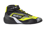 Sparco K-Xpert racing shoe in black and yellow with Velcro strap and racing sole, designed for motorsport safety and performance.