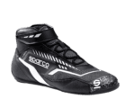 Black and white Sparco racing shoe with high ankle support and Velcro strap, designed for motorsport safety and performance.