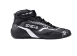 Black Sparco racing shoe with white and grey accents, designed for motorsport safety and performance.