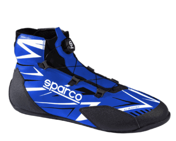 Blue and black Grand Prix racing shoe with Sparco branding and quick-lace system for motorsport enthusiasts.