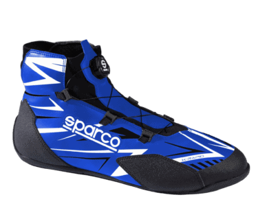 Blue and black Grand Prix racing shoe with Sparco branding and quick-lace system for motorsport enthusiasts.