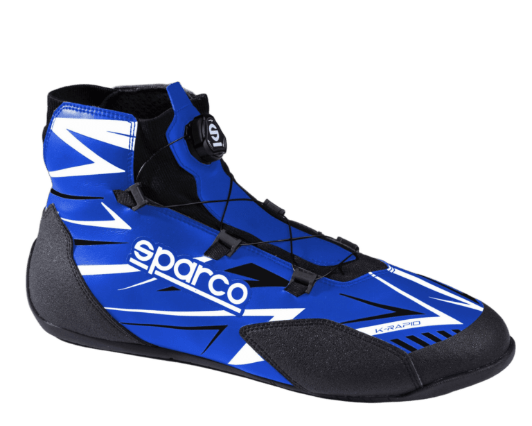 Blue and black Grand Prix racing shoe with Sparco branding and quick-lace system for motorsport enthusiasts.