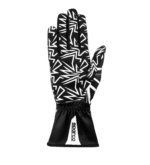Black and white racing glove with geometric pattern, designed for motorsport safety and performance.