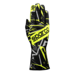 High-performance Sparco racing glove in black and yellow with detailed grip patterns for motorsport safety and control.