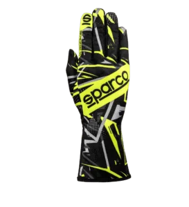 High-performance Sparco racing glove in black and yellow with detailed grip patterns for motorsport safety and control.