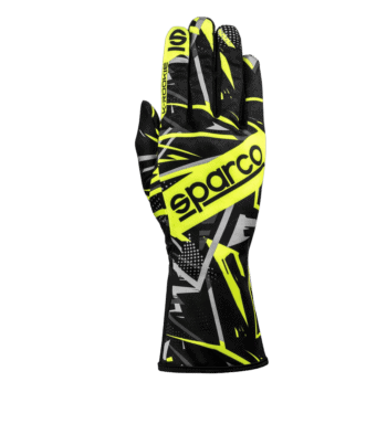 High-performance Sparco racing glove in black and yellow with detailed grip patterns for motorsport safety and control.