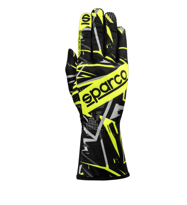 High-performance Sparco racing glove in black and yellow with detailed grip patterns for motorsport safety and control.