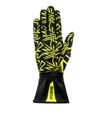 High-visibility racing glove with yellow and black geometric pattern for motorsport safety and performance.