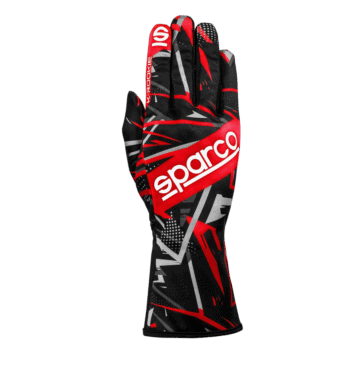 Sparco racing glove with red, black, and white design, featuring the Sparco logo for motorsport safety gear.