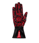 Red and black racing glove with geometric pattern, designed for motorsport safety and grip, from Grand Prix Racewear.