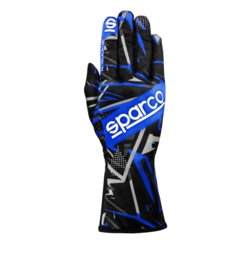 Blue and black Sparco racing glove with white branding, designed for motorsport safety and performance.