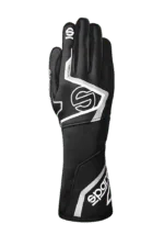 Black and white Grand Prix Racewear racing glove with logo details, designed for motorsport enthusiasts and professional drivers.
