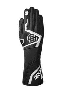 Black and white Grand Prix Racewear racing glove with logo details, designed for motorsport enthusiasts and professional drivers.