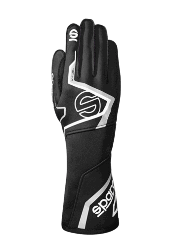 Black and white Grand Prix Racewear racing glove with logo details, designed for motorsport enthusiasts and professional drivers.