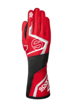 Red and black Grand Prix racing glove with white accents from GP Racewear, designed for motorsport enthusiasts and professional racers.