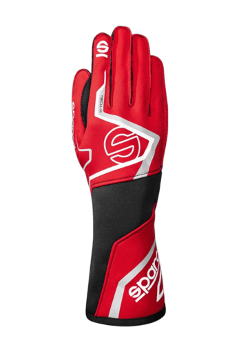 Red and black Grand Prix racing glove with white accents from GP Racewear, designed for motorsport enthusiasts and professional racers.